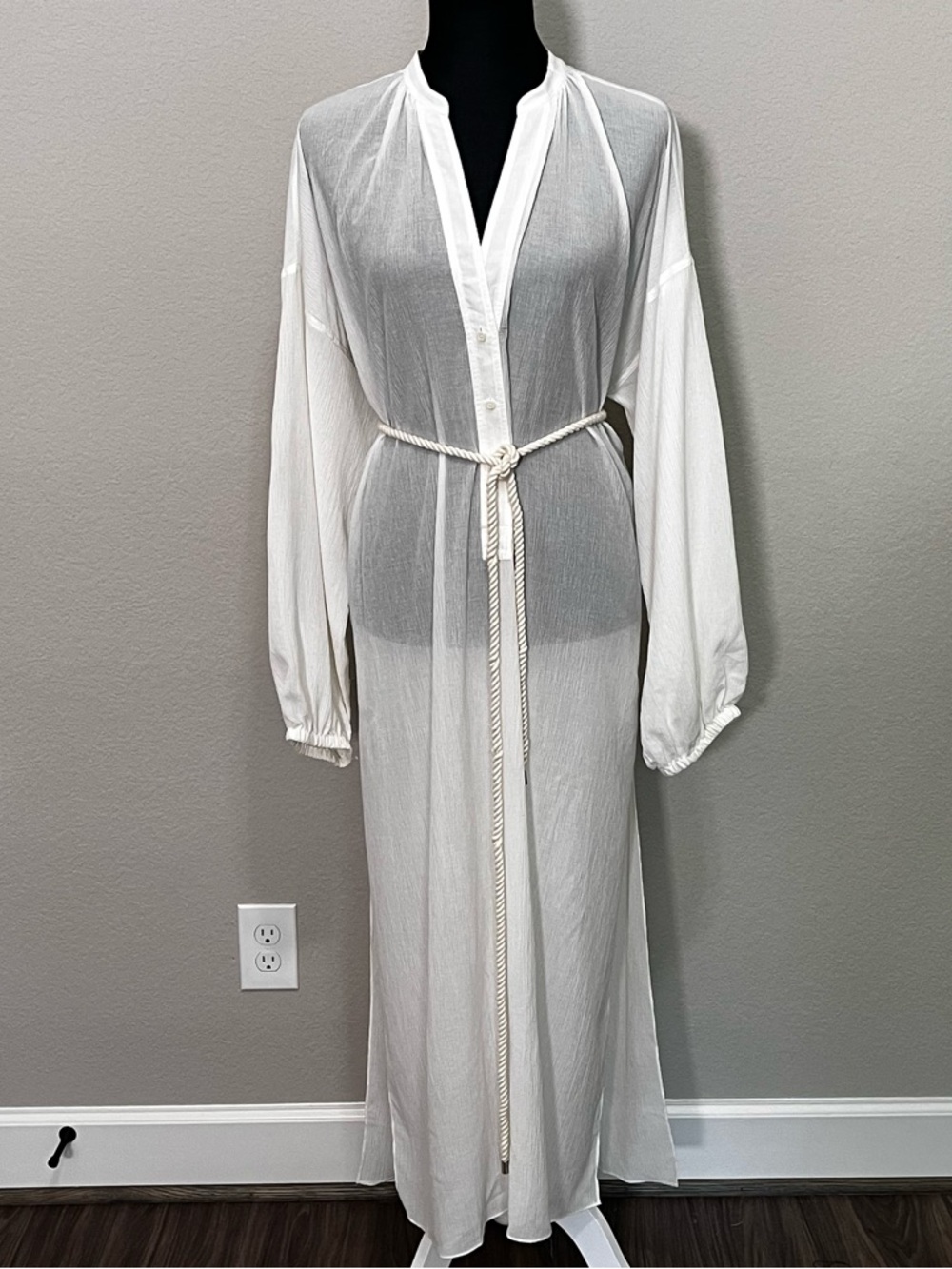 A.L.C.‎ Palma Silk Blend White Sheer Swim Cover Up Dress Belted Maxi Size M/L